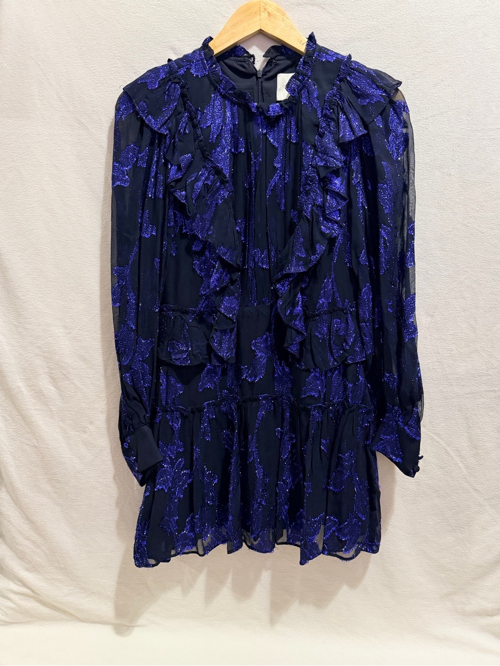 Parker Navy Blue Long-Sleeve Ruffle Dress with Shimmer